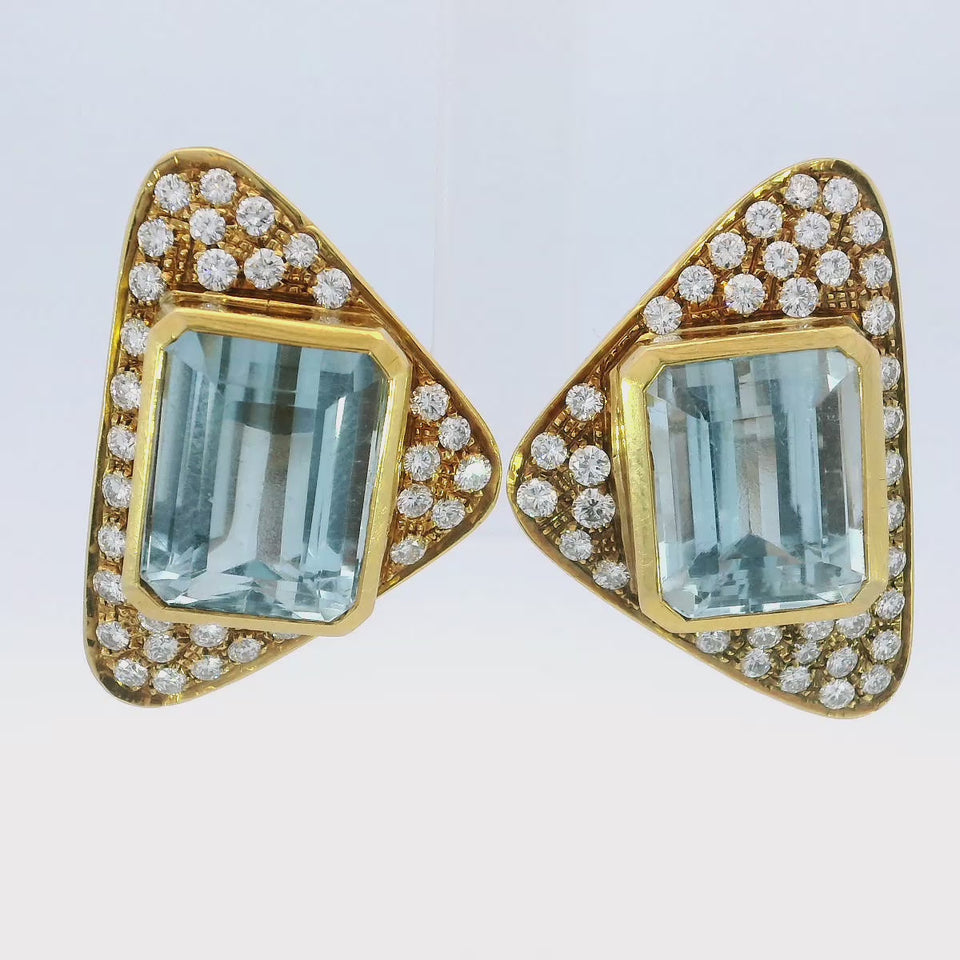 Estate Aquamarine Diamond Earrings 18K Yellow Gold Clip On Earrings ~21.28CTW