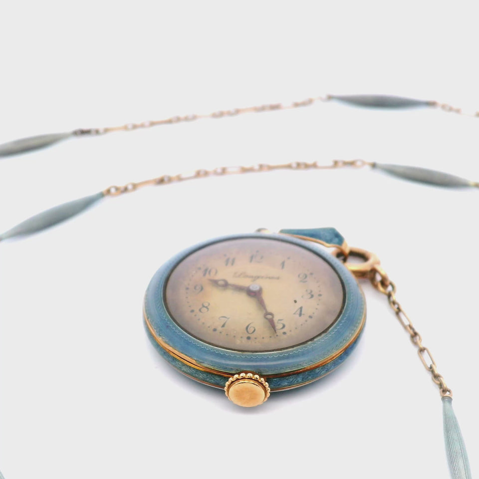 Antique 14 Karat Guilloche Enamel Longines Pocket Watch Lavalier Necklace