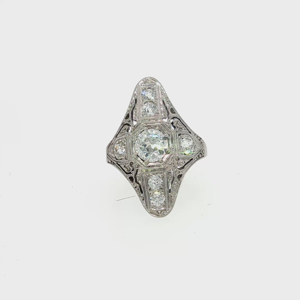 Antique Art Deco Diamond Filigree Ring in Plat & 14K WG ~ 1.18ct Center