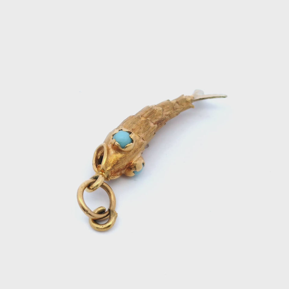 Vintage 18 Karat Gold Fish Charm Pendant with Turquoise Eyes