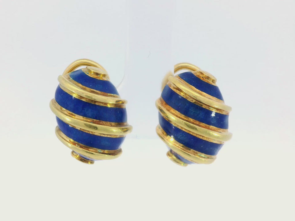 Vintage Tiffany & Co. Schlumberger Blue Enamel Clip On Earrings in 18K Gold