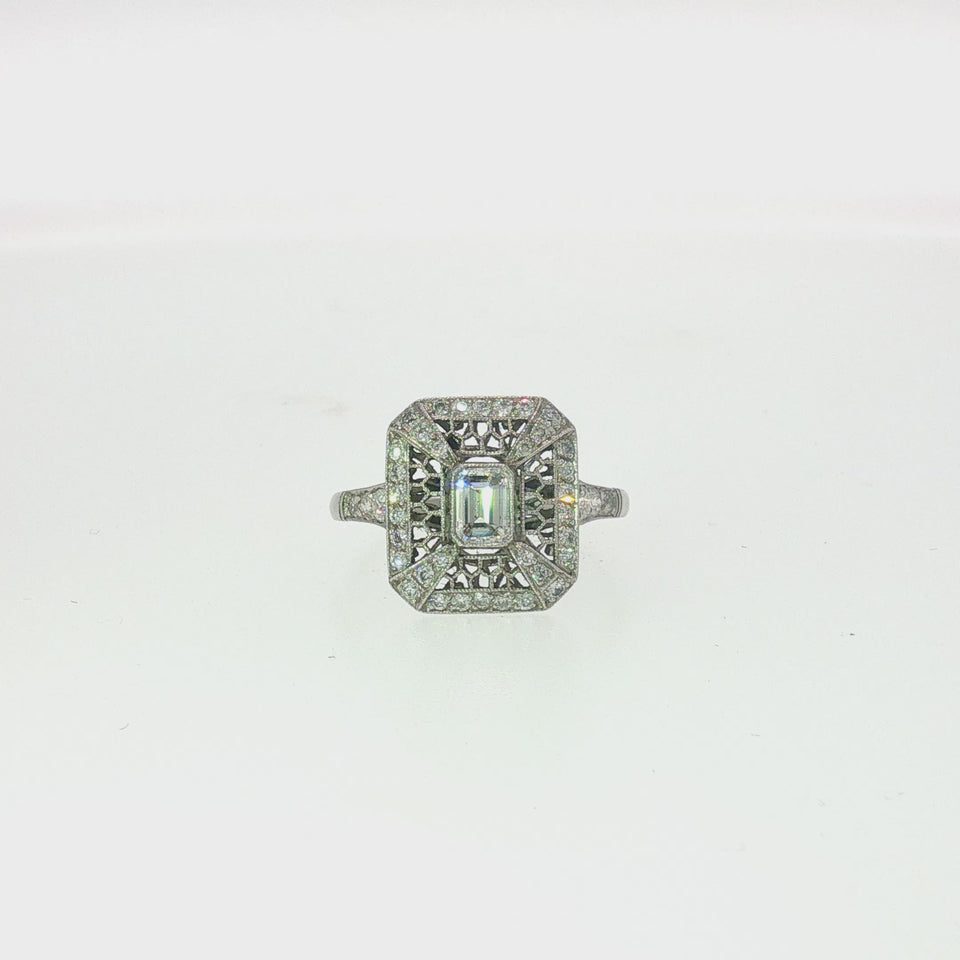 Art Deco Style Platinum European Cut Diamond Ring