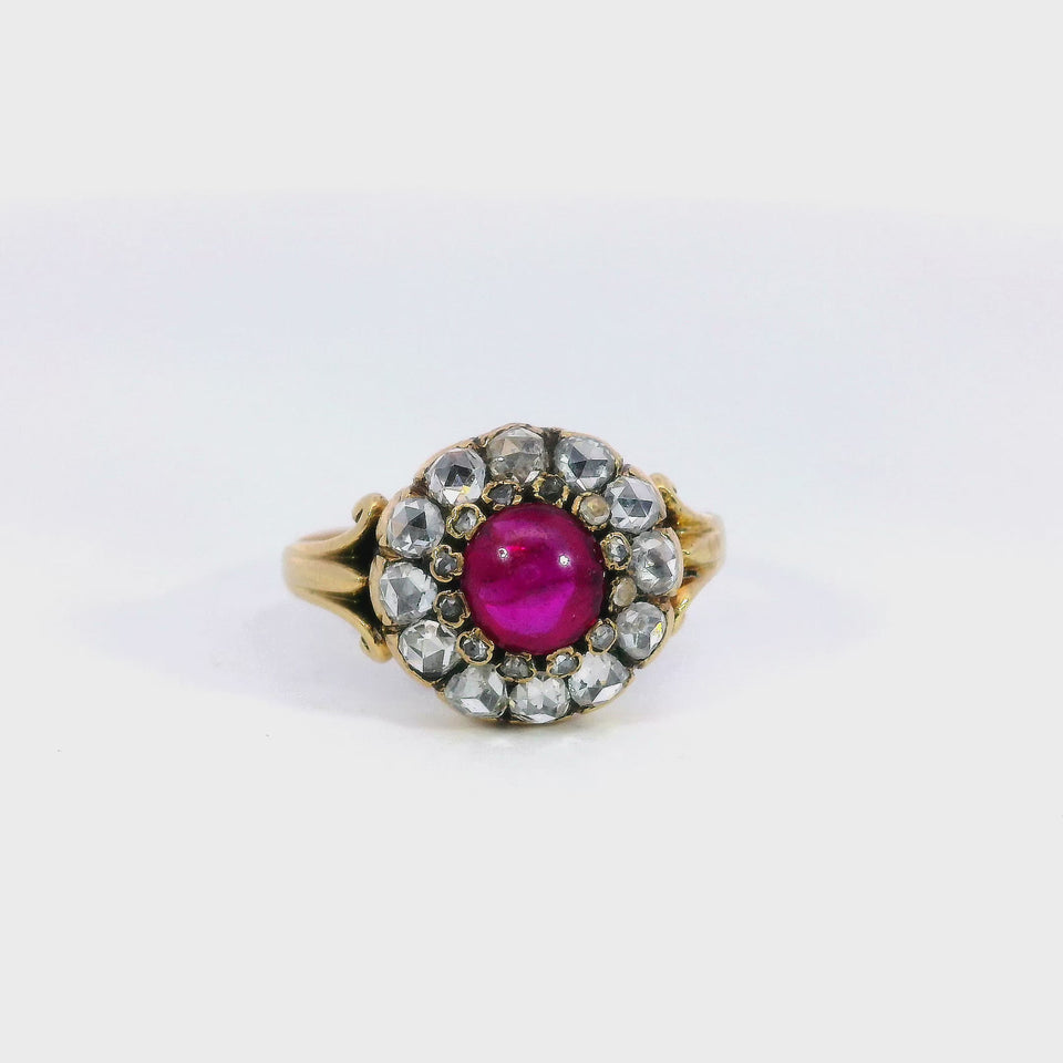 Antique Victorian 1850s Natural Ruby and Rose Cut Diamond Ring 14 Karat Gold