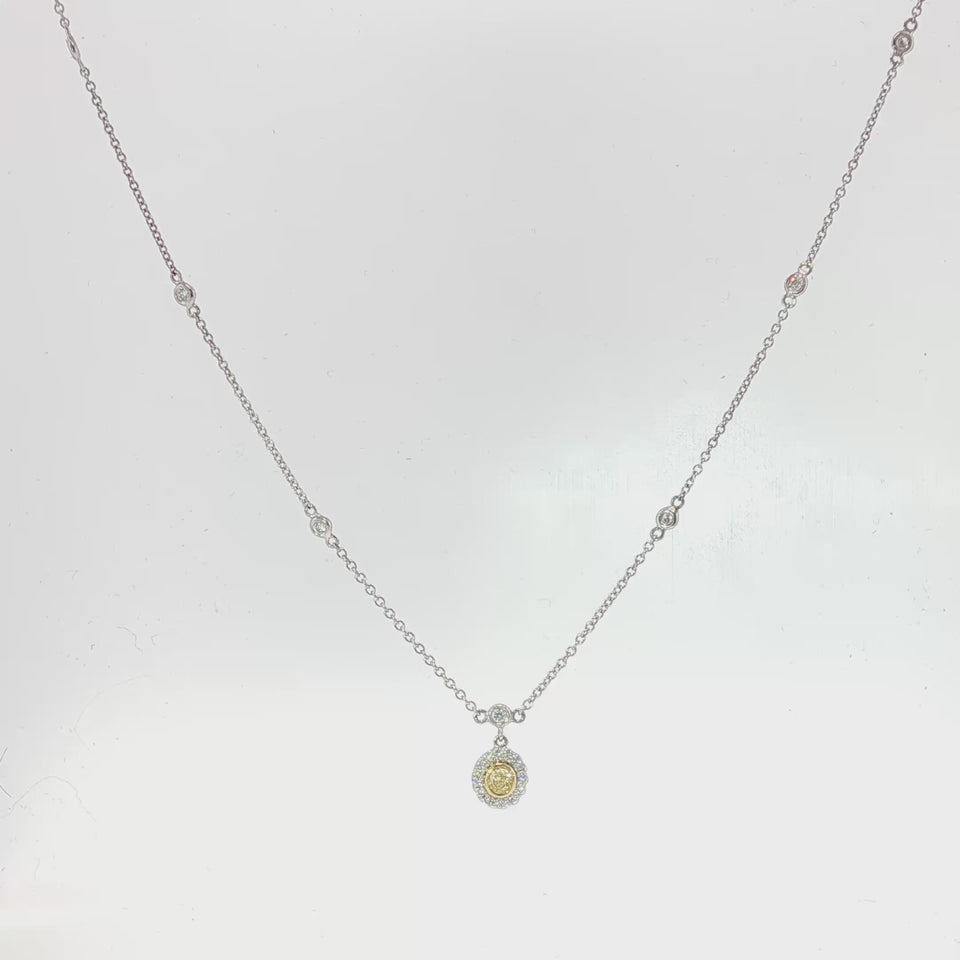 18K Yellow Diamond Halo Pendant Necklace White Gold Diamond Station Chain