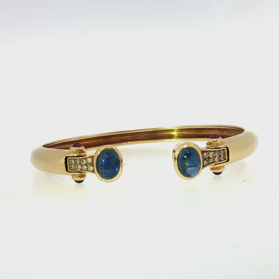 Bulgari Sapphire Diamond Cuff Bracelet 18K Yellow Gold Ruby Accents