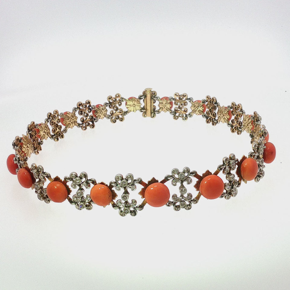 Antique Diamond Choker Necklace Beaded Coral Centers Floral 14K YG Gold Platinum