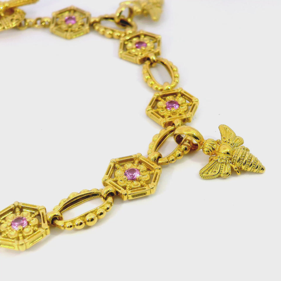 Konstantino Pink Sapphire Bee Charm Link Bracelet in 18 Karat Yellow Gold