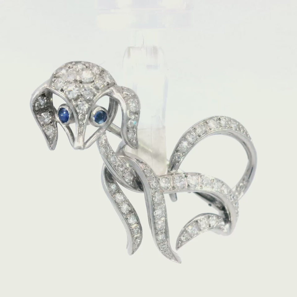 Antique Art Deco Platinum Diamond Poodle Dog Brooch Pin with Sapphire Eyes