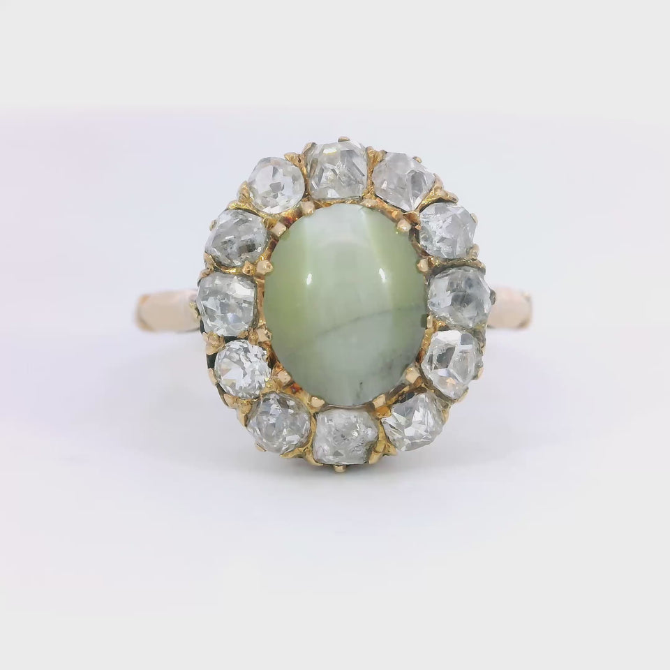 Victorian 18K Diamond Cluster Ring Catseye Chrysoberyl Yellow Gold ~2.26ctw