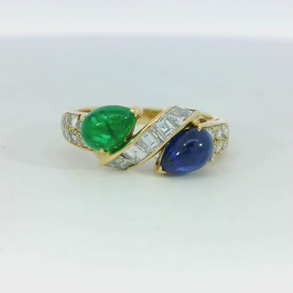Boucheron Diamond Band Ring Emerald Sapphire Twist 18K Yellow Gold Size 5.5