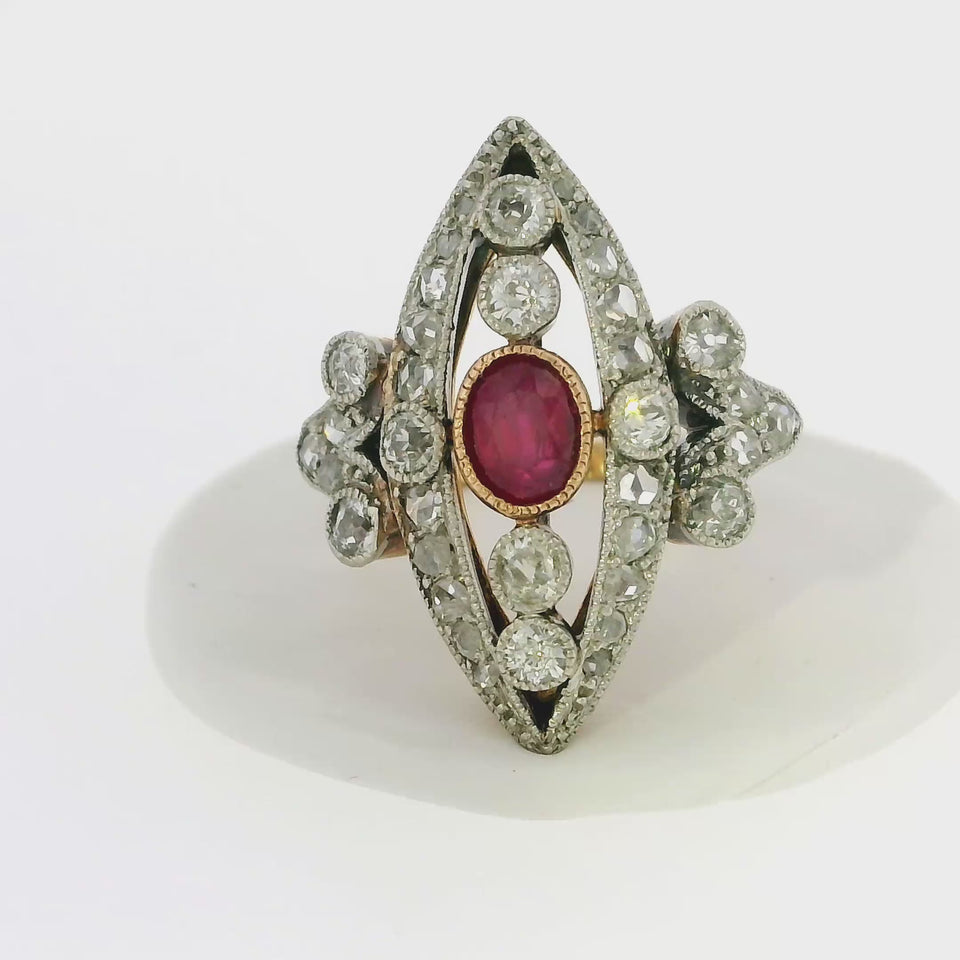 Antique Ruby and Diamond Navette Ring Platinum Topped 18K Rose Gold