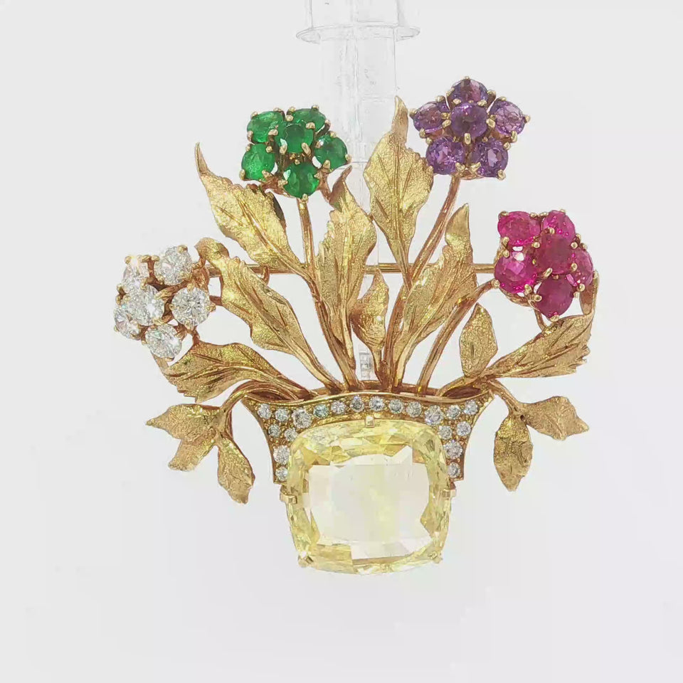 Vintage 18K Sapphire Flower Brooch Yellow Gold ~13ct GIA No Heat Sapphire
