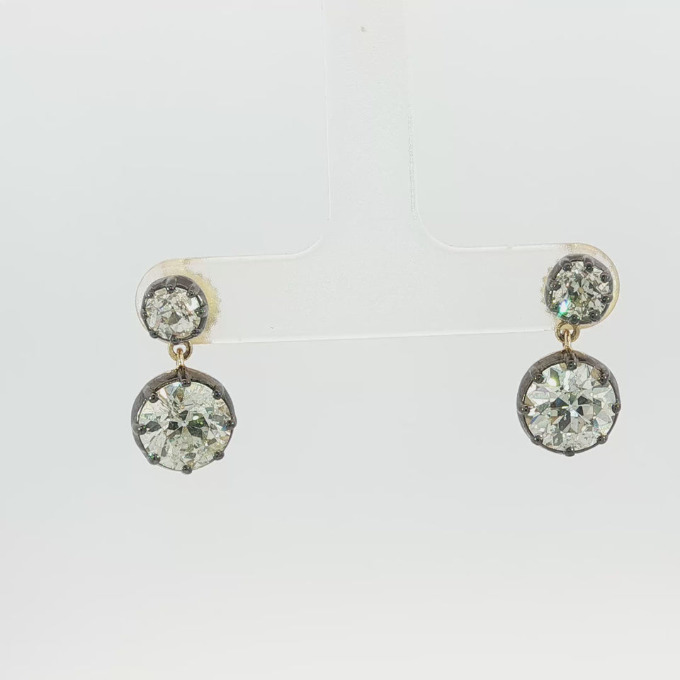 Old European Cut Diamond Drop Earrings 14K Yellow Gold & Silver ~5.75ctw
