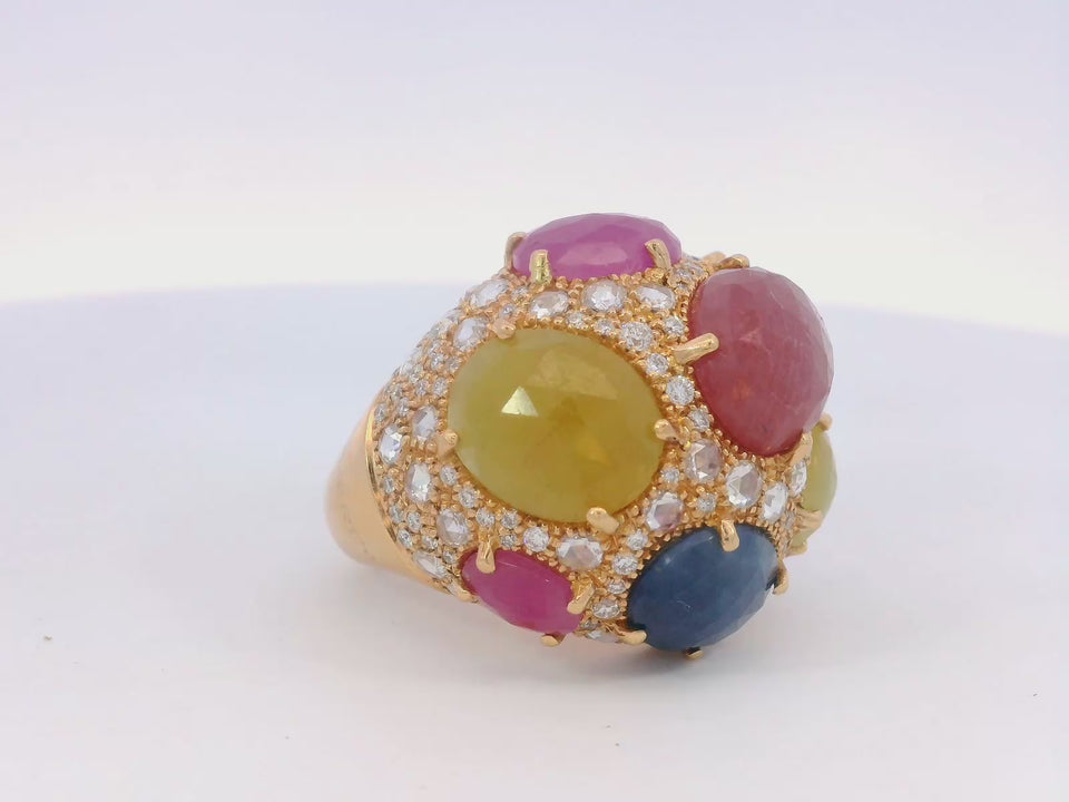 Modern G. Verdi Multicolored Rose Cut Sapphire and Diamond Ring in 18 Karat Gold