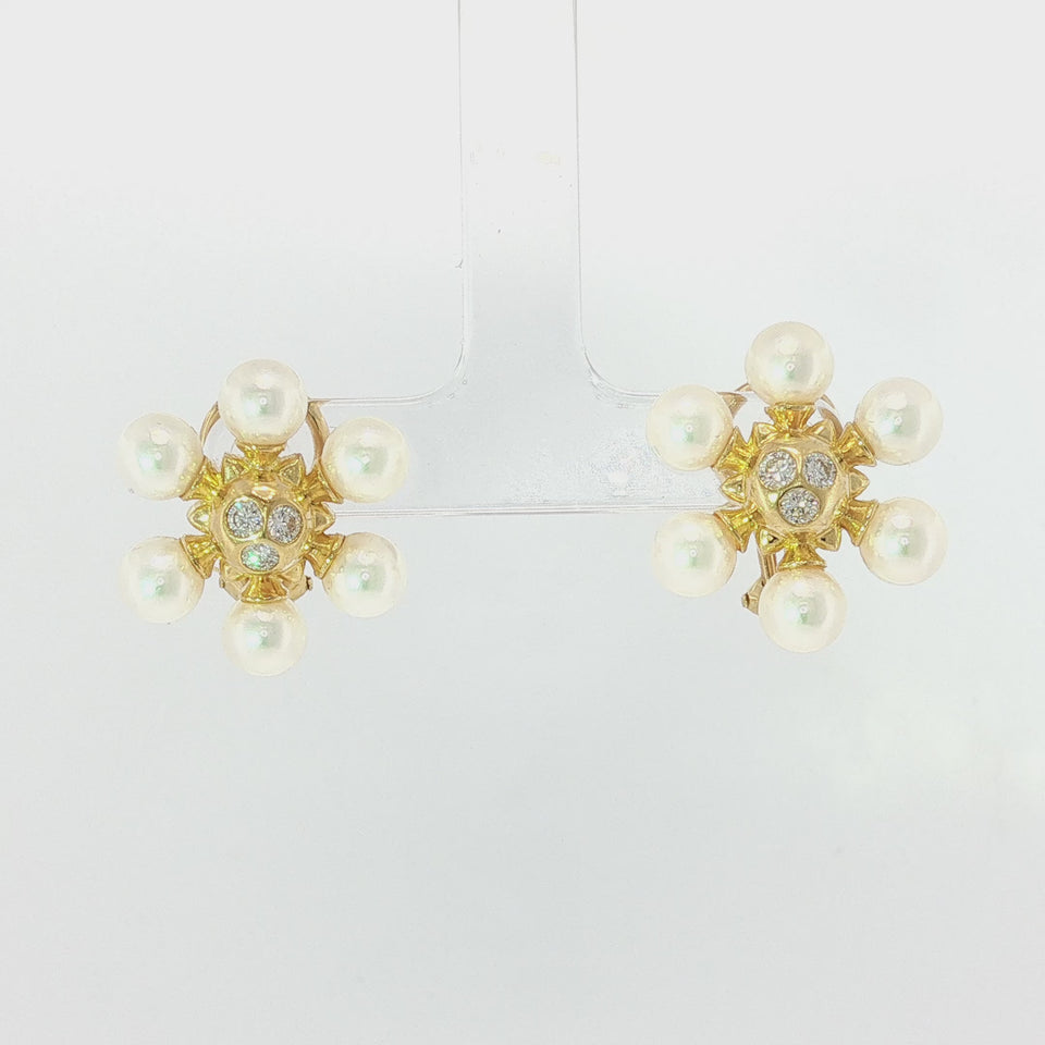 Mikimoto Pearl Diamond Earrings Starburst Cultured Pearls 18K Yellow Gold