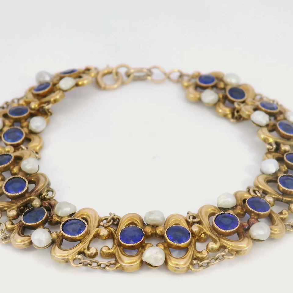 Art Nouveau Pearl and Synthetic Sapphire Fancy Chain Link Bracelet