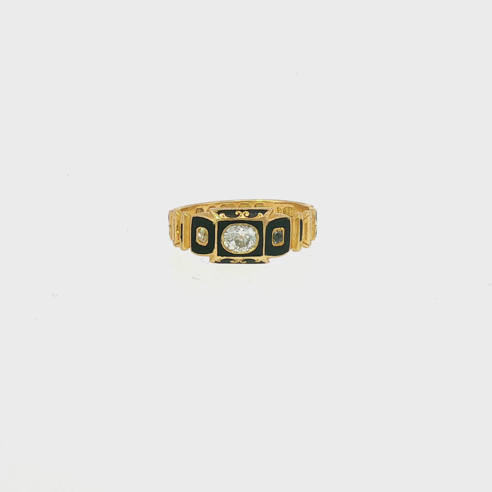 Antique 18K Gold Diamond Ring Antique Black Enamel