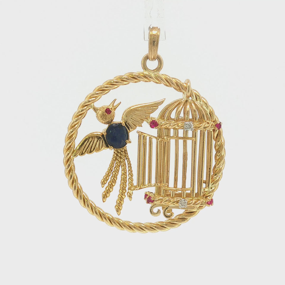 French 18k Bird Pendant Yellow Gold Sapphire, Ruby, and Diamond