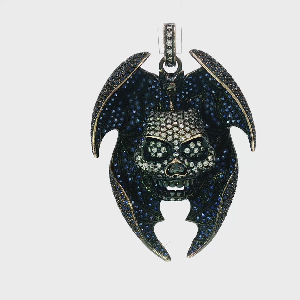 18K Skull Bat Pendant Pavé Blue Sapphire Diamond Accents Yellow Gold