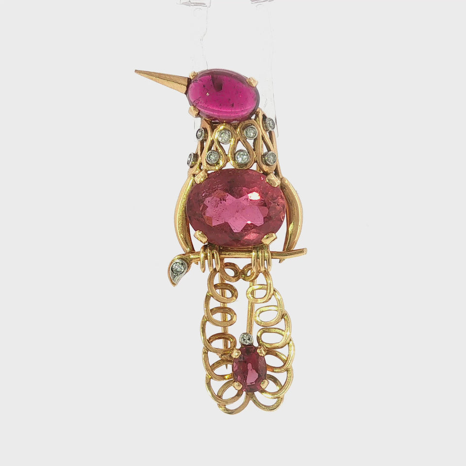 Vintage French 18K Bird Brooch ~13.25ctw Tourmaline & Diamond Yellow gold