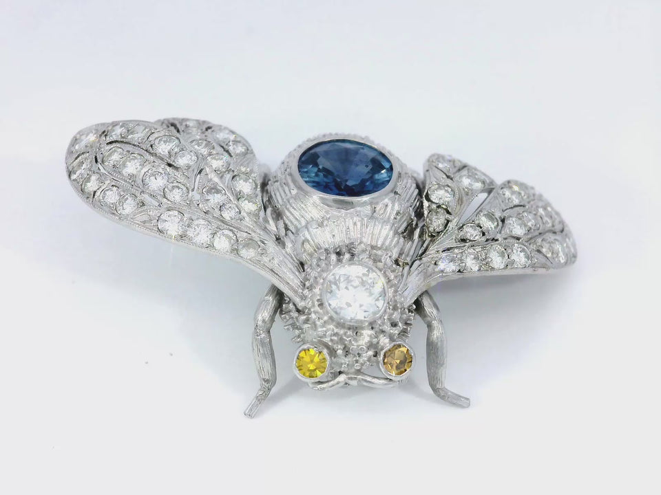 Vintage Platinum Bee Brooch Pin with Sapphire and Diamonds