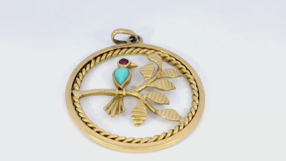 Vintage Van Cleef Arpels Turquoise and Ruby Bird Pendant Charm 18 Karat Gold