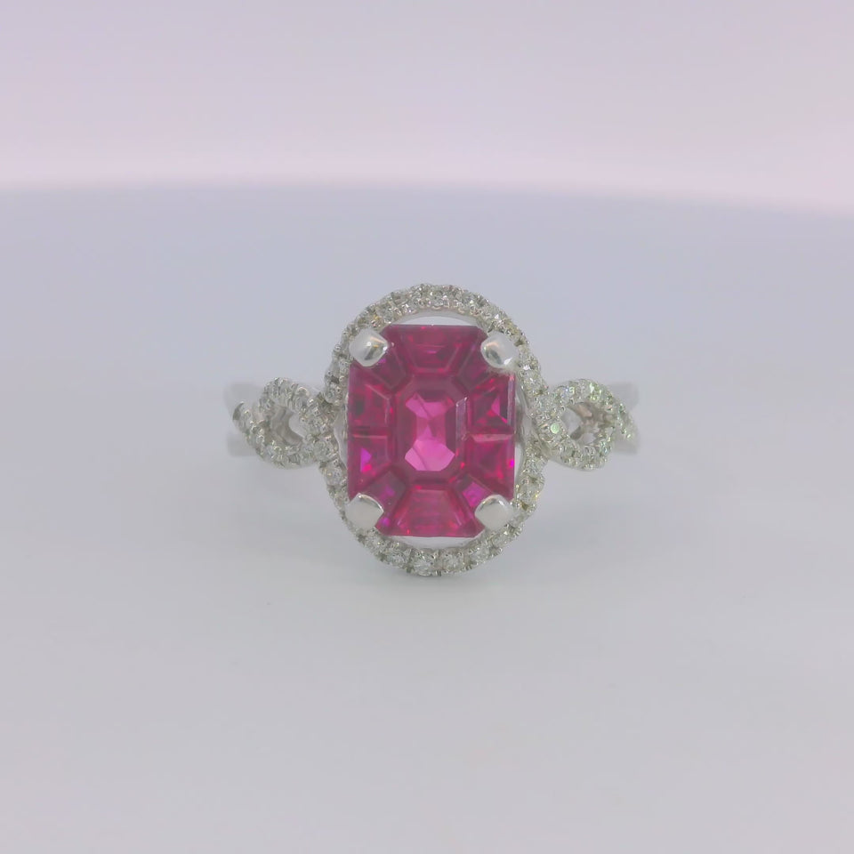 Modern Illusion Cut Ruby in 18 Karat White Gold Ring