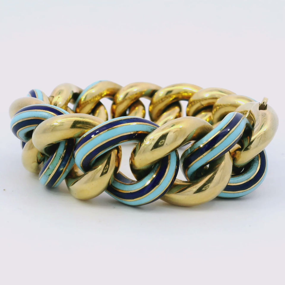 Vintage Heavy Curb Link Bracelet Light Dark Ocean Blue Enamel 7.5" Length