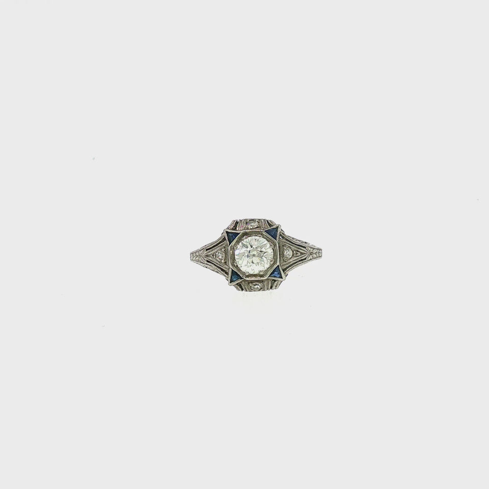 Art Deco European Cut Diamond Platinum Sapphire Ring