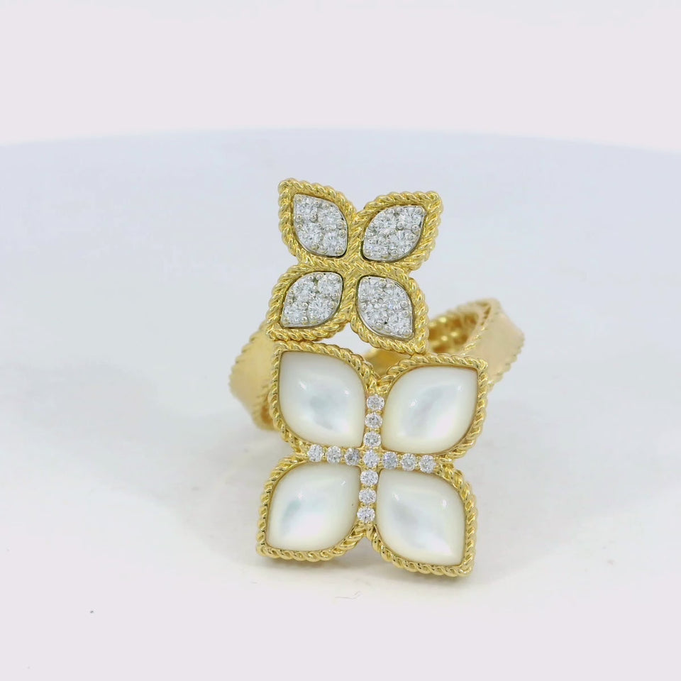 Roberto Coin Venetian Princess Flower Bypass Ring with Diamonds 18K Yellow Gold