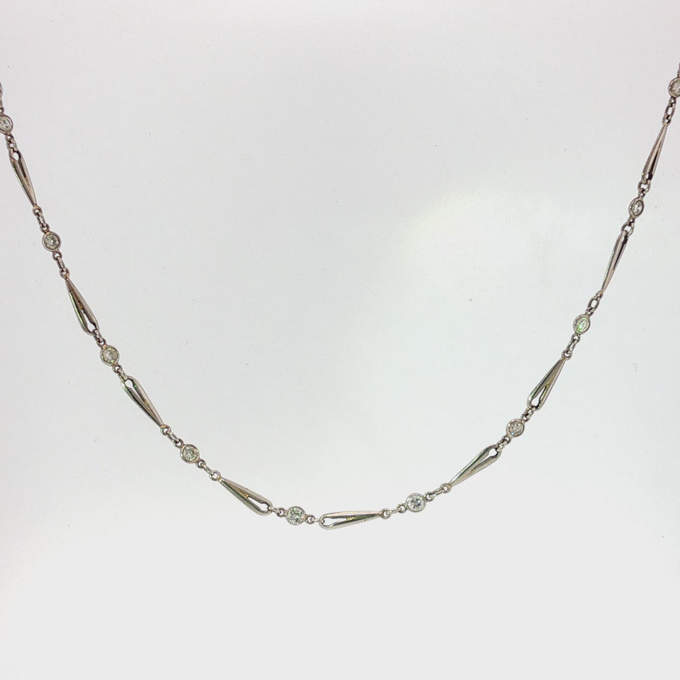 Art Deco Platinum Watch chain Bezel Set Diamond Link Necklace 17.5" Circa 1920s