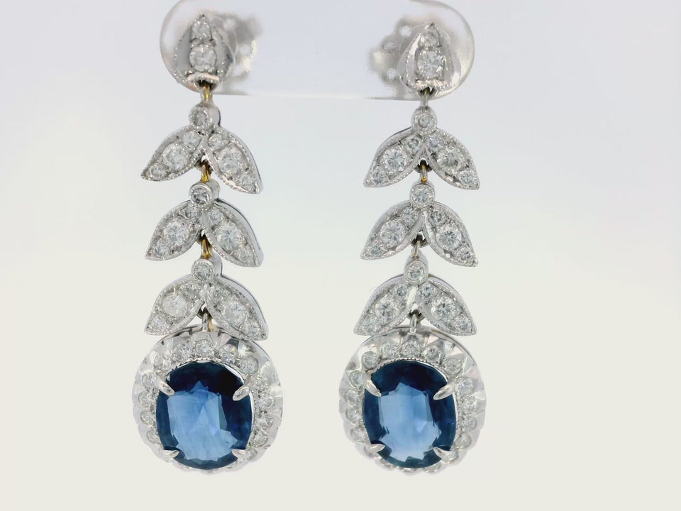 French Vintage Sapphire and Diamond Dangle Earrings in 18K White Gold ~6.23ctw