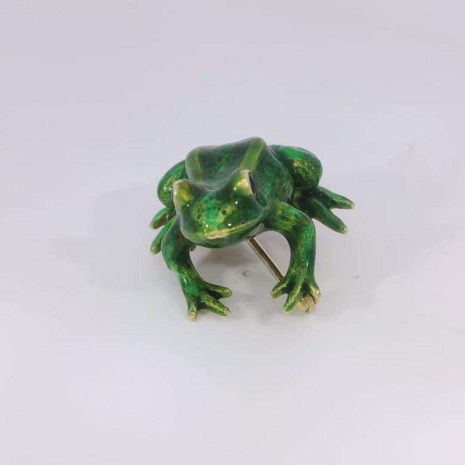 18K Enamel Frog Brooch Yellow Gold by E. Wolfe and Co.