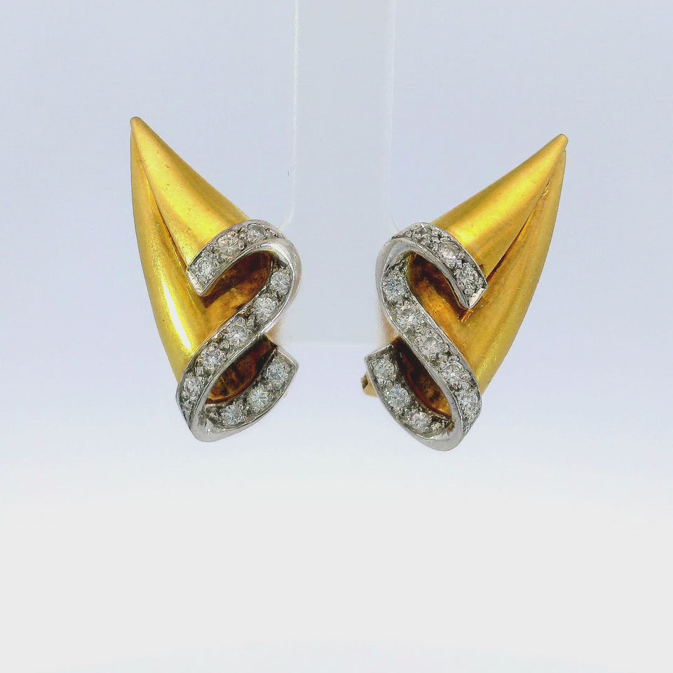 Retro Diamond Sailboat Flag Clip On Earrings Made in 18 Karat Yellow Gold