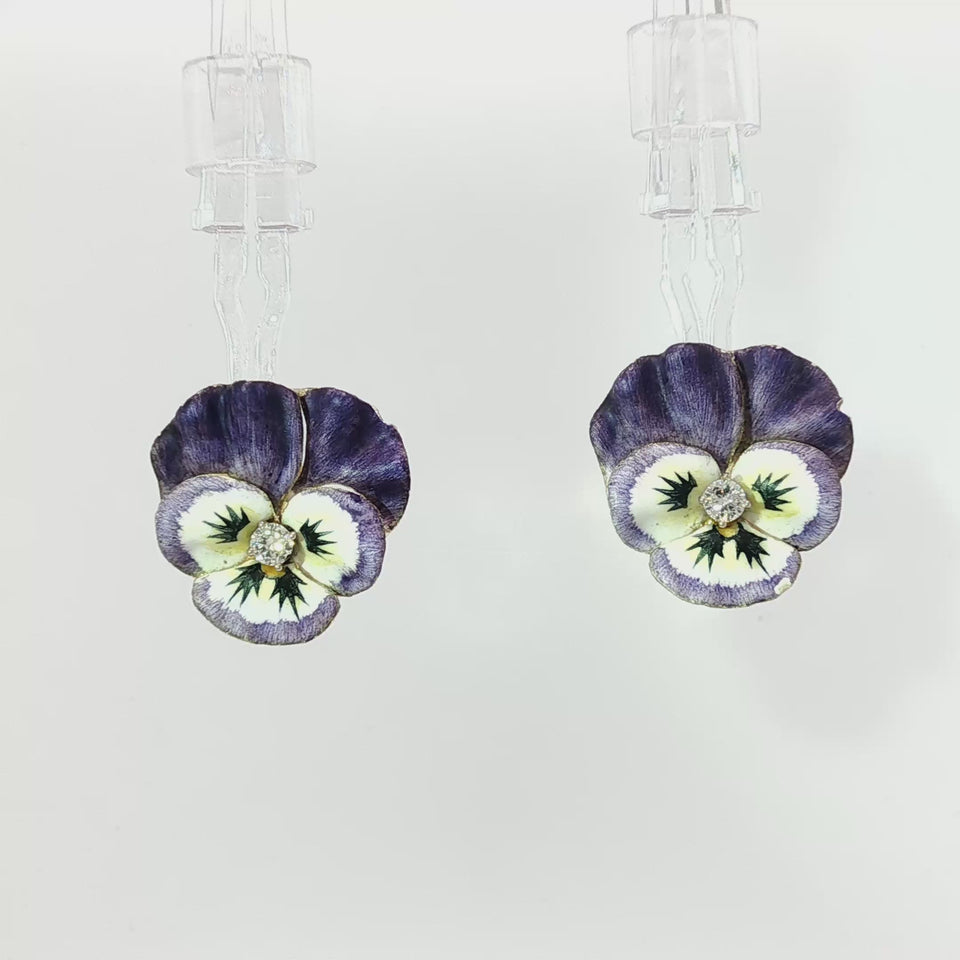 Vintage Purple Enamel Pansy Earrings 14K Yellow Gold Clip Ons