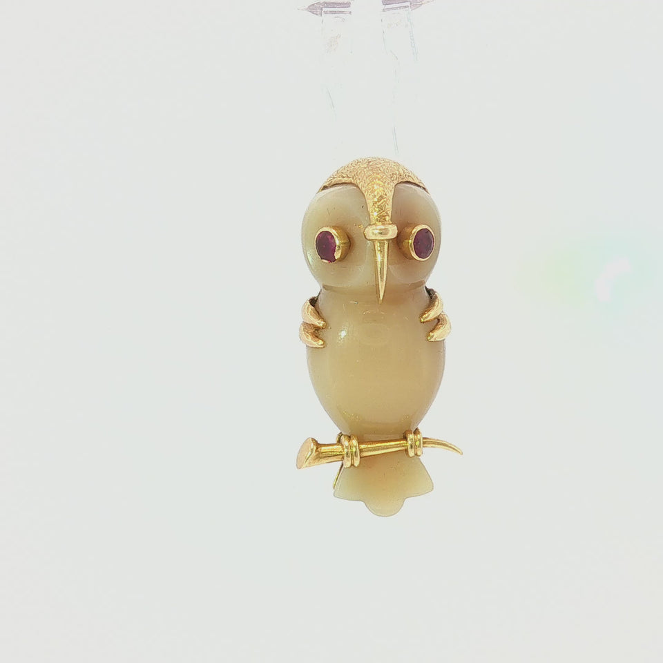 Cartier Paris Owl Brooch 18K Chalcedony & Ruby Owl Brooch Yellow Gold