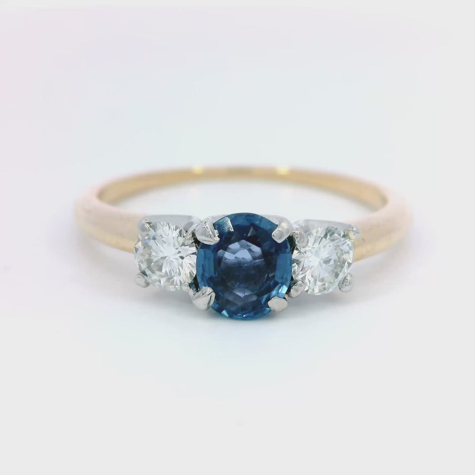 Vintage Yogo Sapphire Diamond Three Stone Ring 14K Yellow Gold GIA Certificate