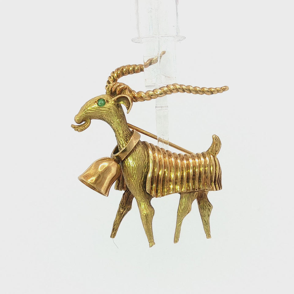 Vintage 18K Goat Brooch French Made Emerald Eyes Articulated Bell Pendant YG