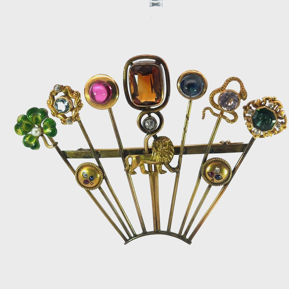 Art Nouveau Multi Stickpin Gemstone Tree Brooch in 14K - Clover Lion Snake