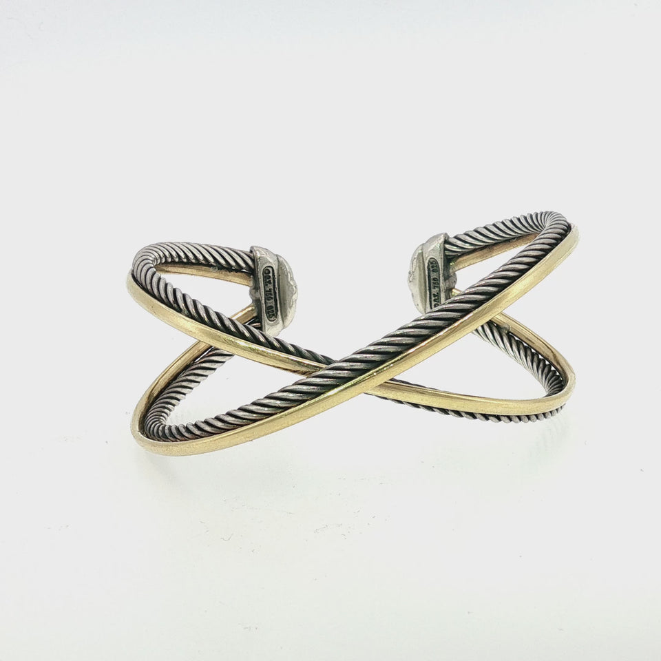 David Yurman Two Row Crossover Bracelet Sterling Silver 18K Yellow Gold