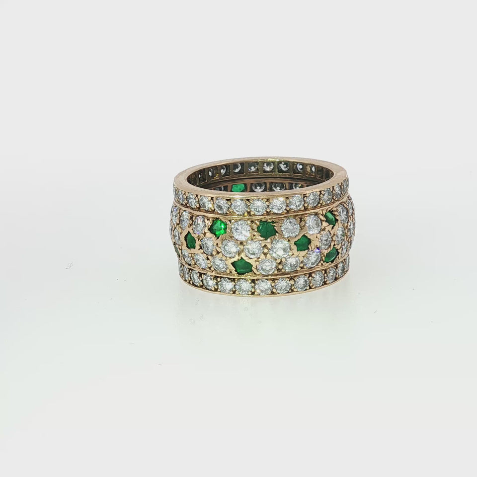Vintage 18K ~6.9ctw Diamond Wide Band Yellow Gold Emerald Accents French Made