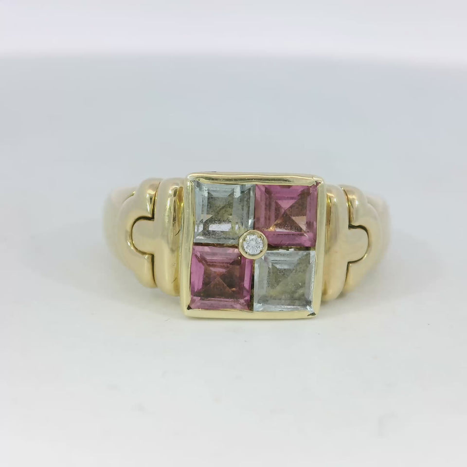 Bulgari Carre 18K Ring Aquamarine Tourmaline Diamond Vintage 18K Yellow Gold