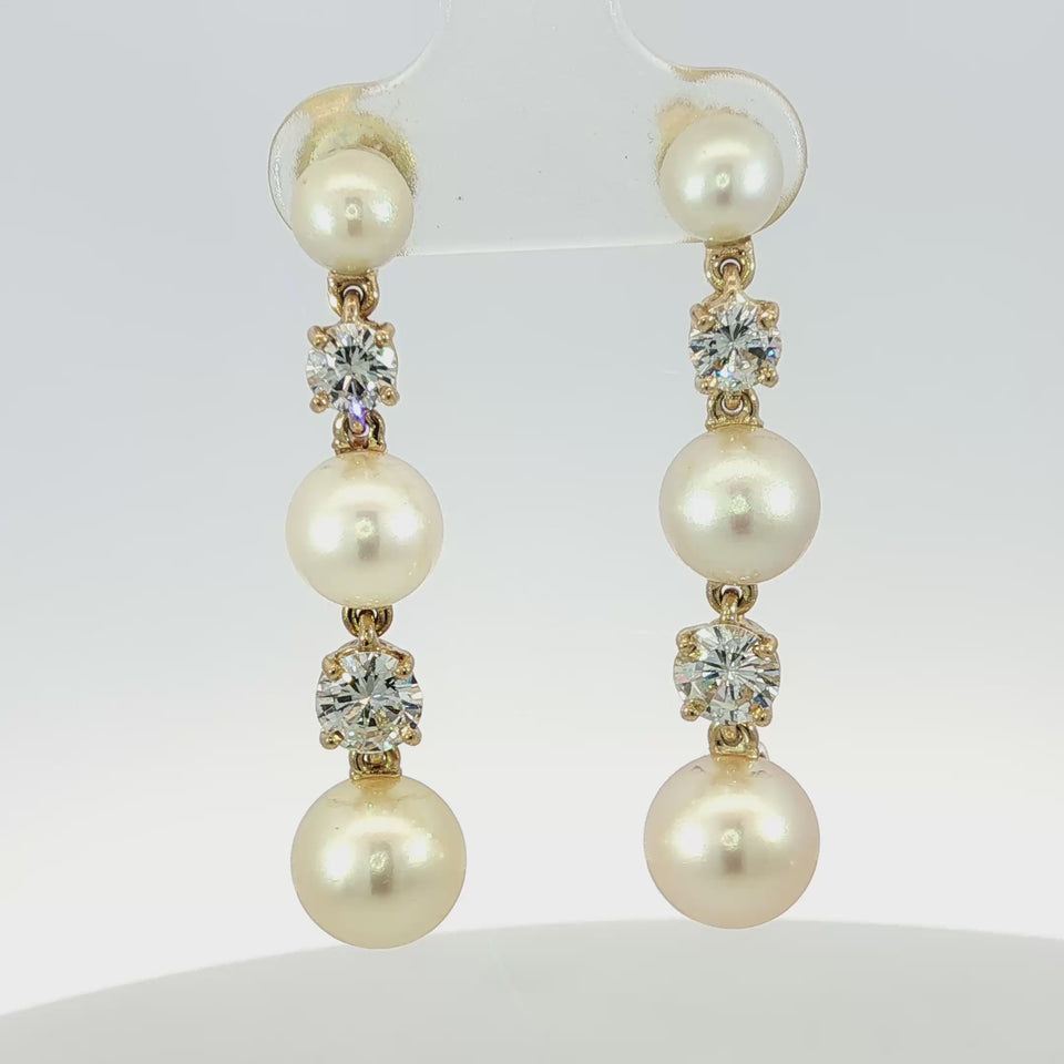 Estate Diamond Pearl Earrings Drops 14K Yellow Gold Stud Closure ~1.36ctw