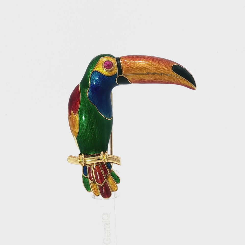 Bulgari Enamel Toucan Brooch 18K Yellow Gold Ruby Eye