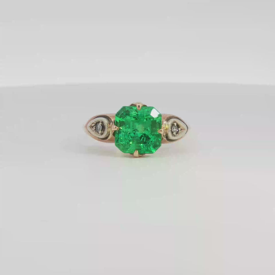 Victorian Emerald Engagement Ring 2.22ct Columbian F1 GIA Ring 14K