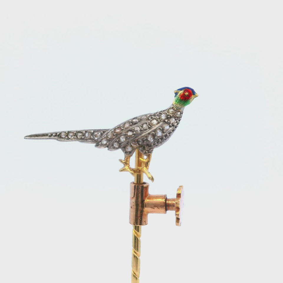 Victorian 18K Yellow Gold Pheasant Stickpin Rose Cut Diamonds and Enamel