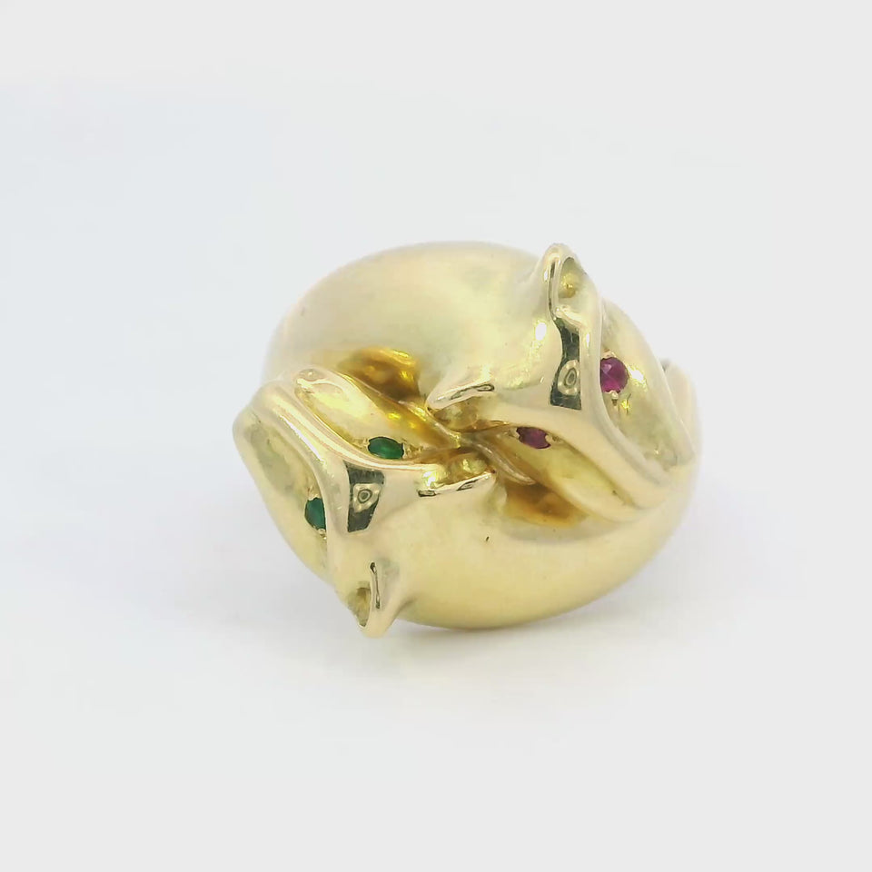 Vintage 18K Panther Ring Emerald Ruby Eyes Yellow Gold Size 6.5