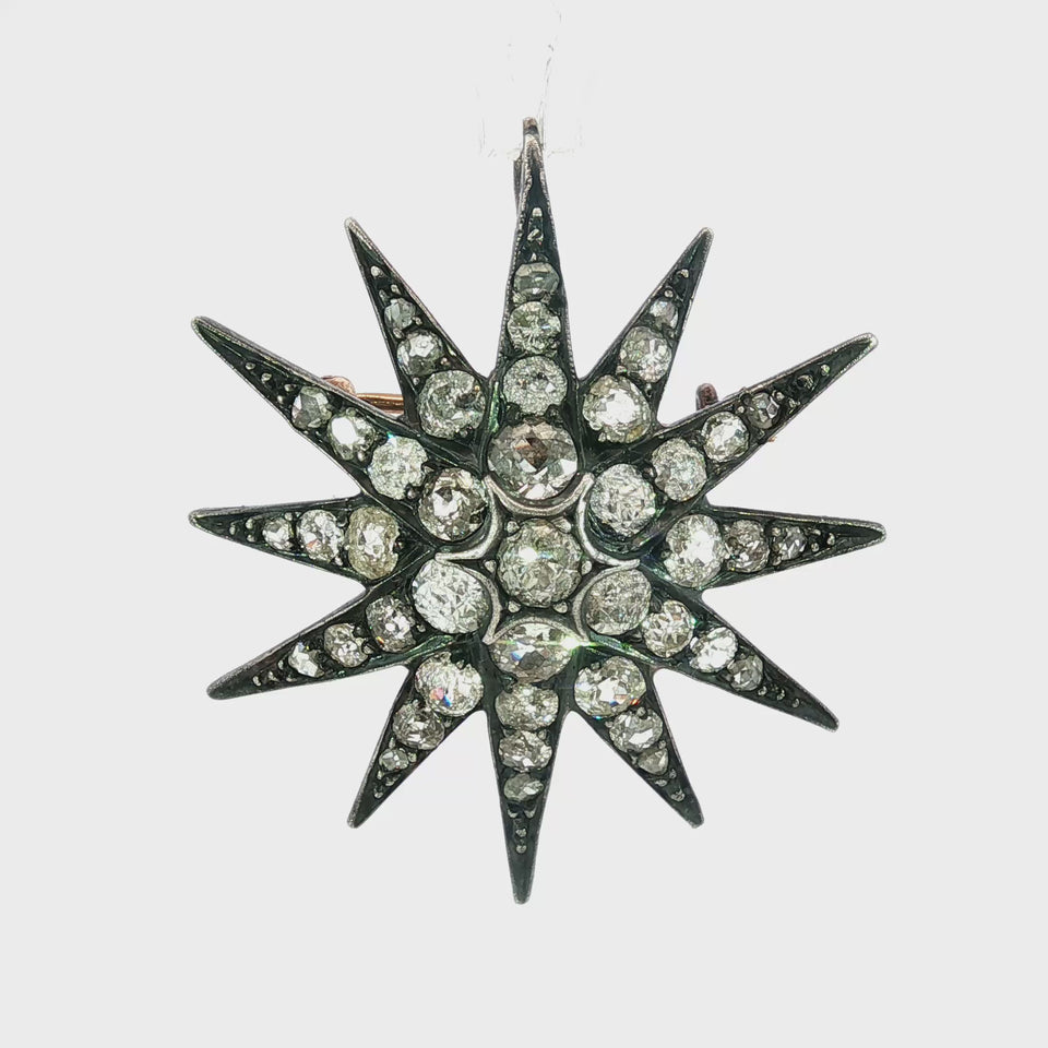 Antique Diamond Star Pendant Brooch Silver Topped ~4.87ctw Old Mine Cuts