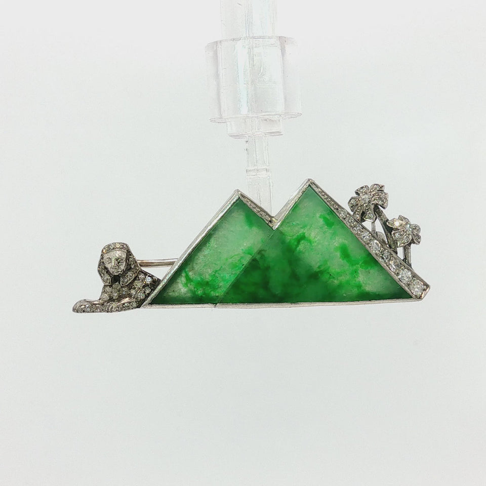 Art Deco Egyptian Revival Jade and Diamond Platinum Sphinx and Pyramid Brooch