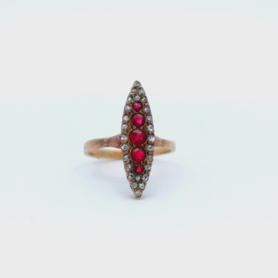 Antique Victorian Spinel and Diamond Navette Ring in 10 Karat Gold